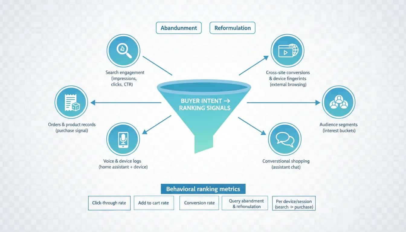 Infographic mapping Amazon shopper data categories—search engagement, orders, voice and device logs, cross-site conversions, audience segments, and conversational shopping—to buyer intent and ranking signals.