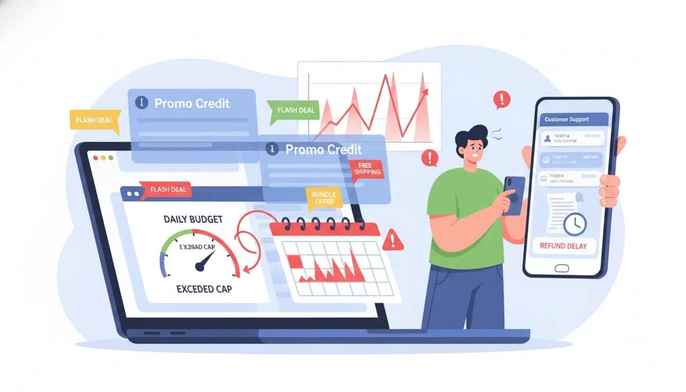 Seller dashboard with overlapping promotional credits, budget spikes showing daily-to-monthly averaging, and slow refund alerts