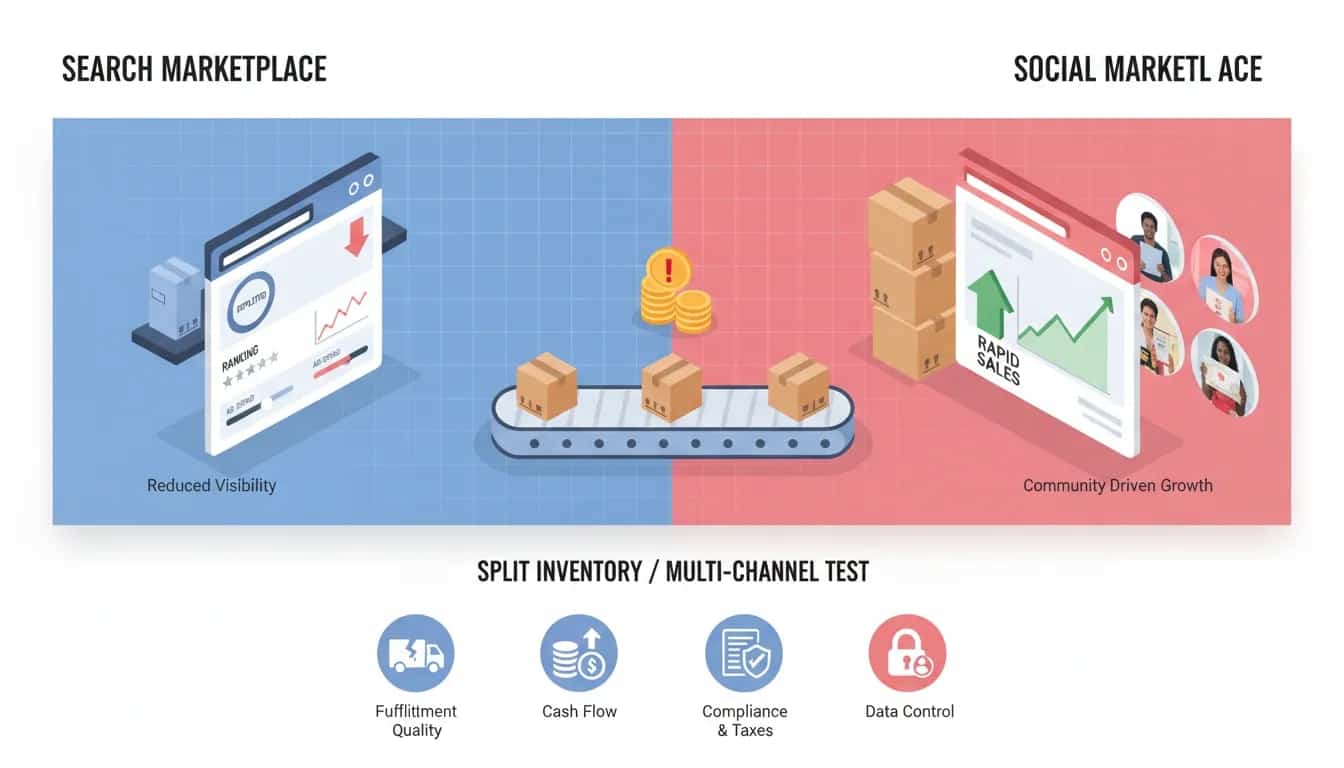 Infographic showing inventory split from an Amazon-style search marketplace to a social marketplace: listing rank falling, conveyor moving boxes, and icons for fulfillment quality, cash flow, compliance, and data control risks.