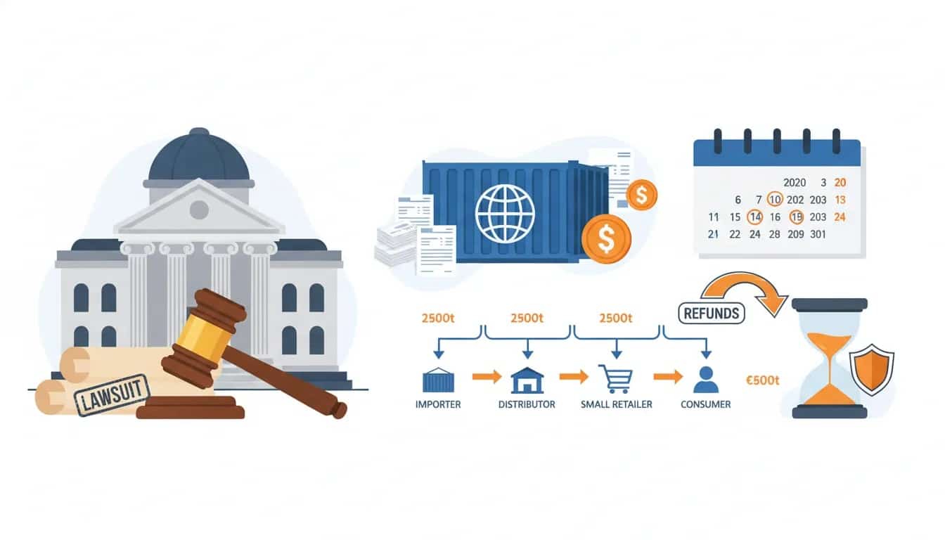 Infographic-style image showing a courtroom gavel and legal papers, a large importer with invoices and arrows illustrating tariff money flowing down the supply chain, and a calendar/hourglass indicating years-long litigation; highlights that refunds would return to companies that sued.
