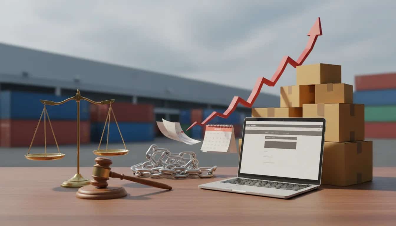 Scales of justice and a gavel beside stacked shipping boxes and a laptop displaying an online storefront, with rising price arrows, a calendar, and a broken shipping chain representing tariff impacts on e-commerce sellers.
