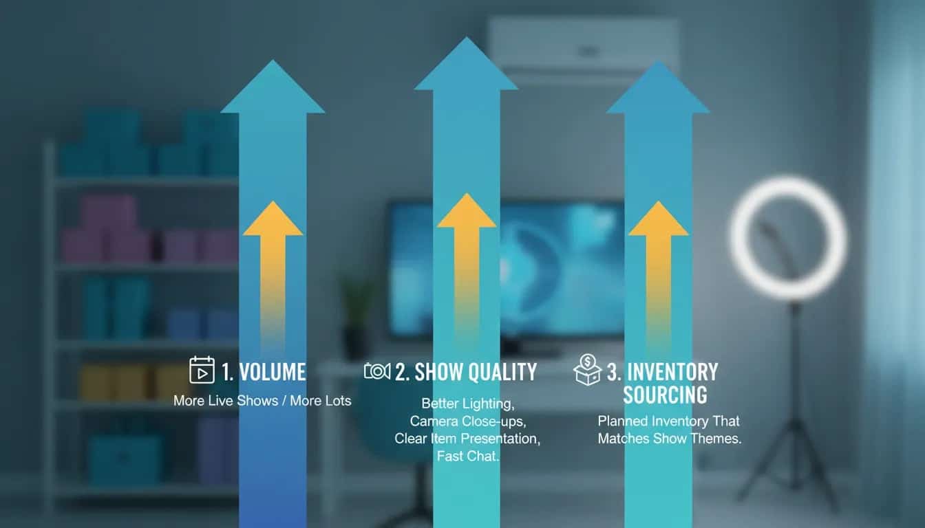 Infographic showing how to scale Whatnot live selling using three levers: volume, show quality, and inventory sourcing