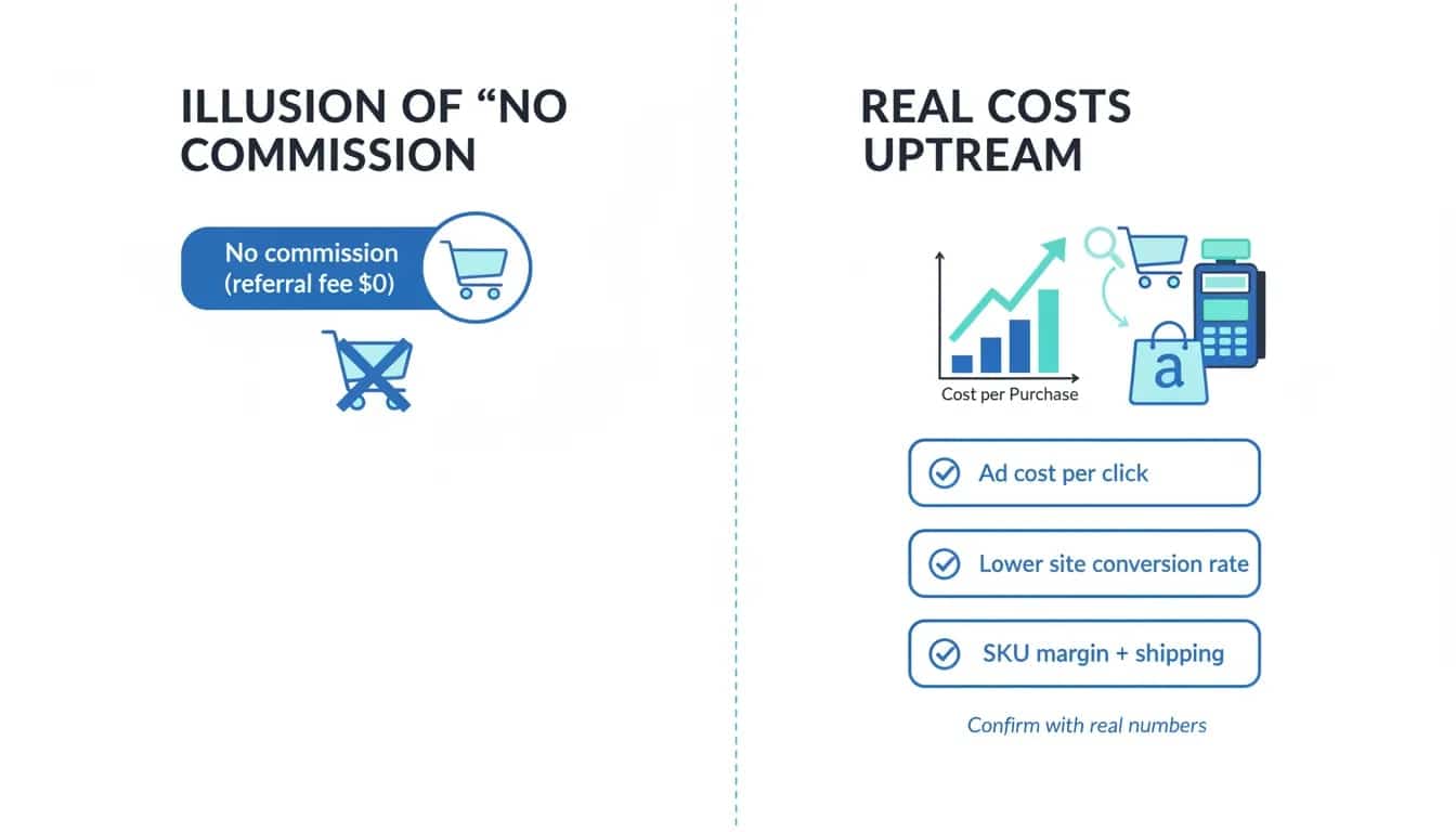 Infographic explaining that Amazon Shop Direct’s $0 commission still has real costs via ad clicks, lower site conversion, and SKU margin.