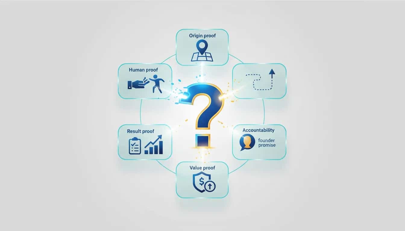 Illustration showing e-commerce trust signals—human, origin, result, accountability, and value proof—to help buyers stop guessing in 2026.