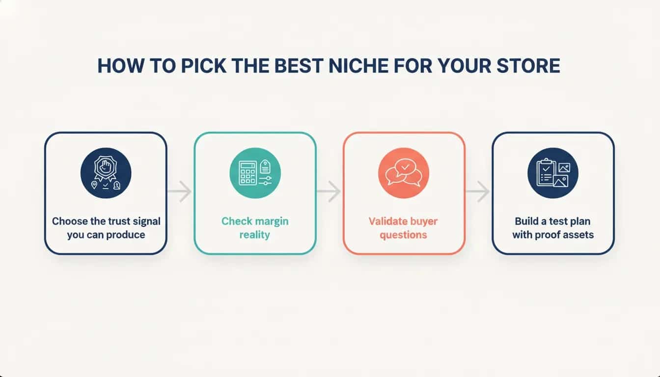 Infographic showing a four-step process to pick a profitable e-commerce niche: choose a trust signal, check margin math, validate buyer questions, and build a test plan with proof assets.