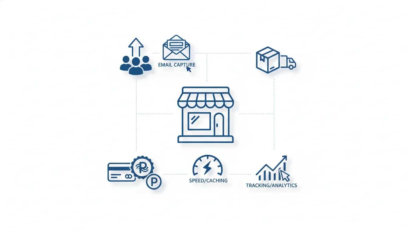 Minimalist icon illustration of a lean WooCommerce ecommerce launch stack with traffic, email capture, payments, speed, tracking, and shipping (no text).